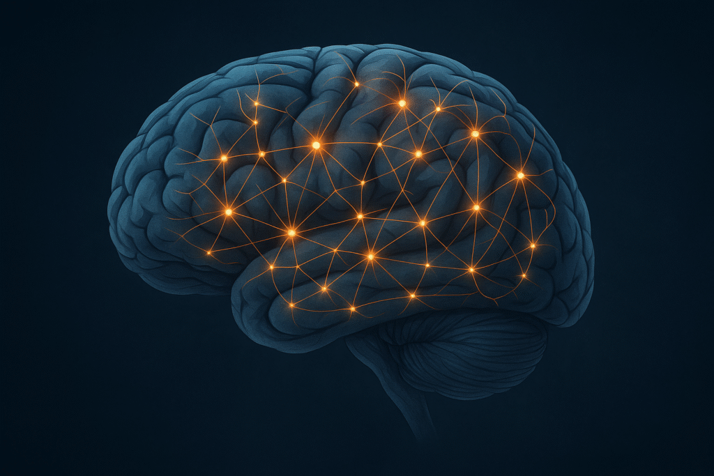 Ilustracja mózgu z siecią neuronów symbolizująca neuroplastyczność i wpływ psychoterapii na mózg.